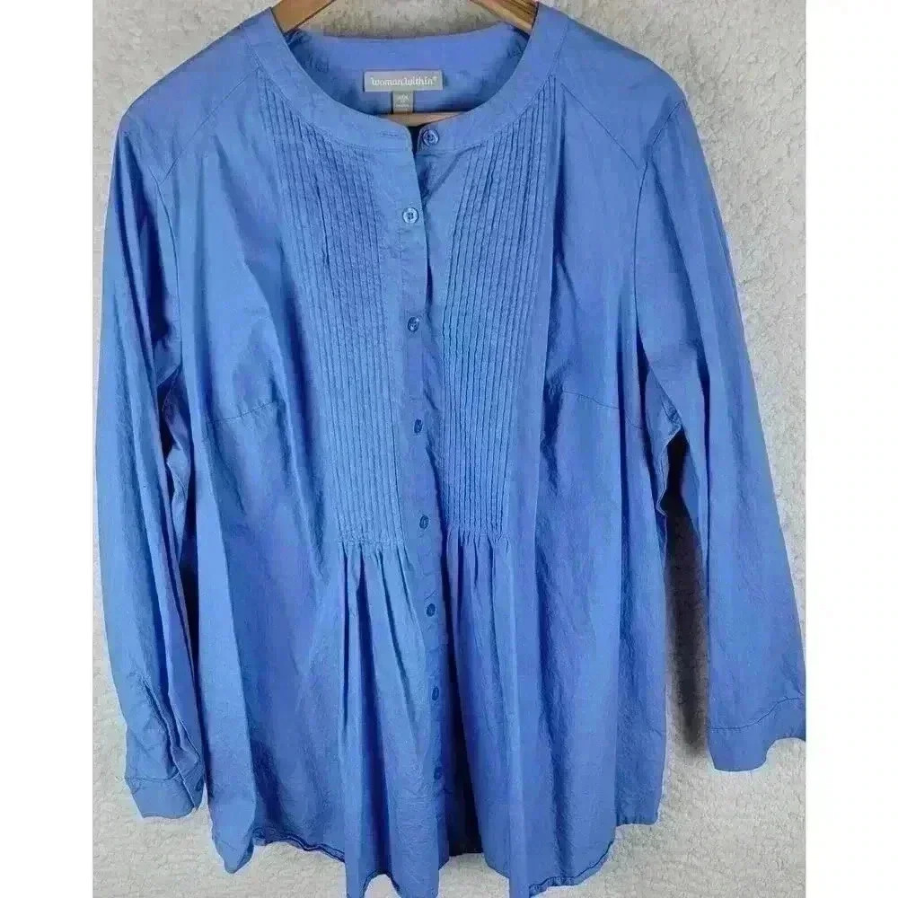 Woman Within Perfect Pintuck Top Women 1X 22/24 Blue Tunic Classic Career Office - Picture 12 of 14